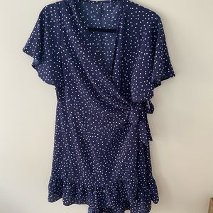 Navy blue and white short sleeve polkadots wrap dress